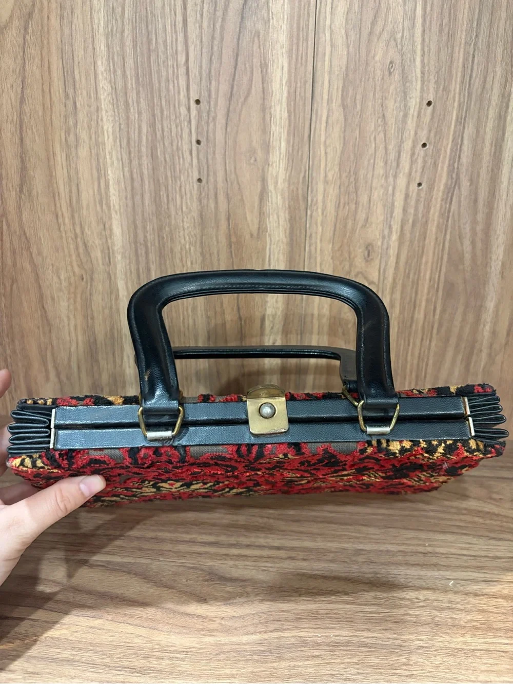 Vintage Red & Black Tapestry Handbag with Gold Accents